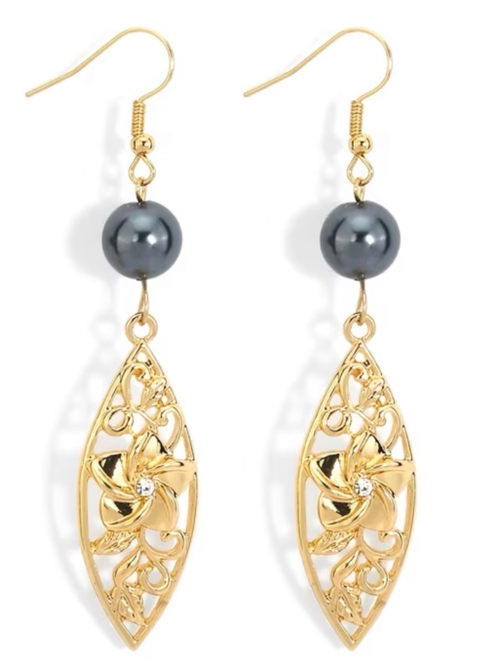 Gold Filigree Drop Earrings with Slate Pearl Accent
